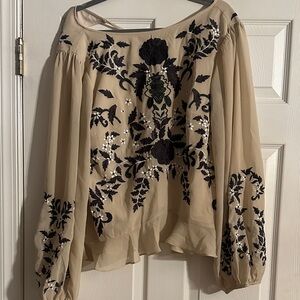 Free People Beige Blouse with Black Floral Embroidery